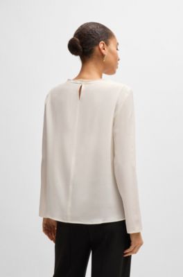 Long-sleeved blouse in washed silk with pleated front, White