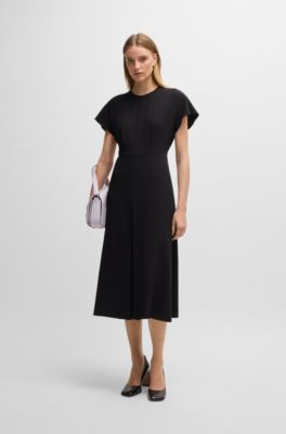 Keyhole-neckline dress with pliss&eacute; insert, Black