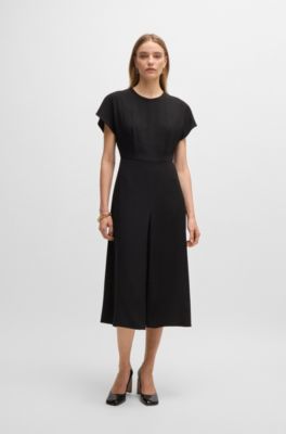 Keyhole-neckline dress with pliss&eacute; insert, Black
