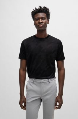 Camiseta de algod&oacute;n mercerizado con motivo de pata de gallo en jacquard, Negro
