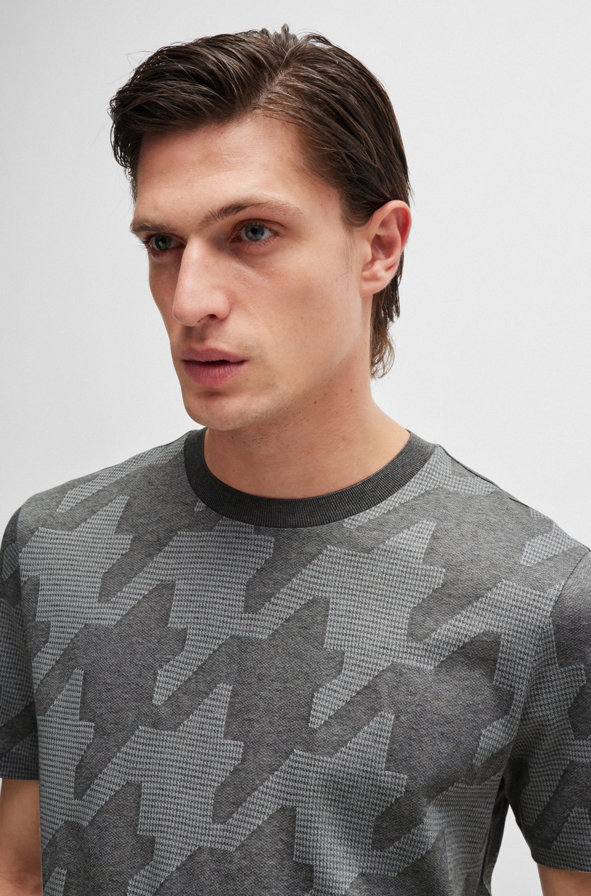 BOSS - Mercerized-cotton T-shirt with houndstooth jacquard BOSS - Mercerized-cotton T-shirt with houndstooth jacquard
