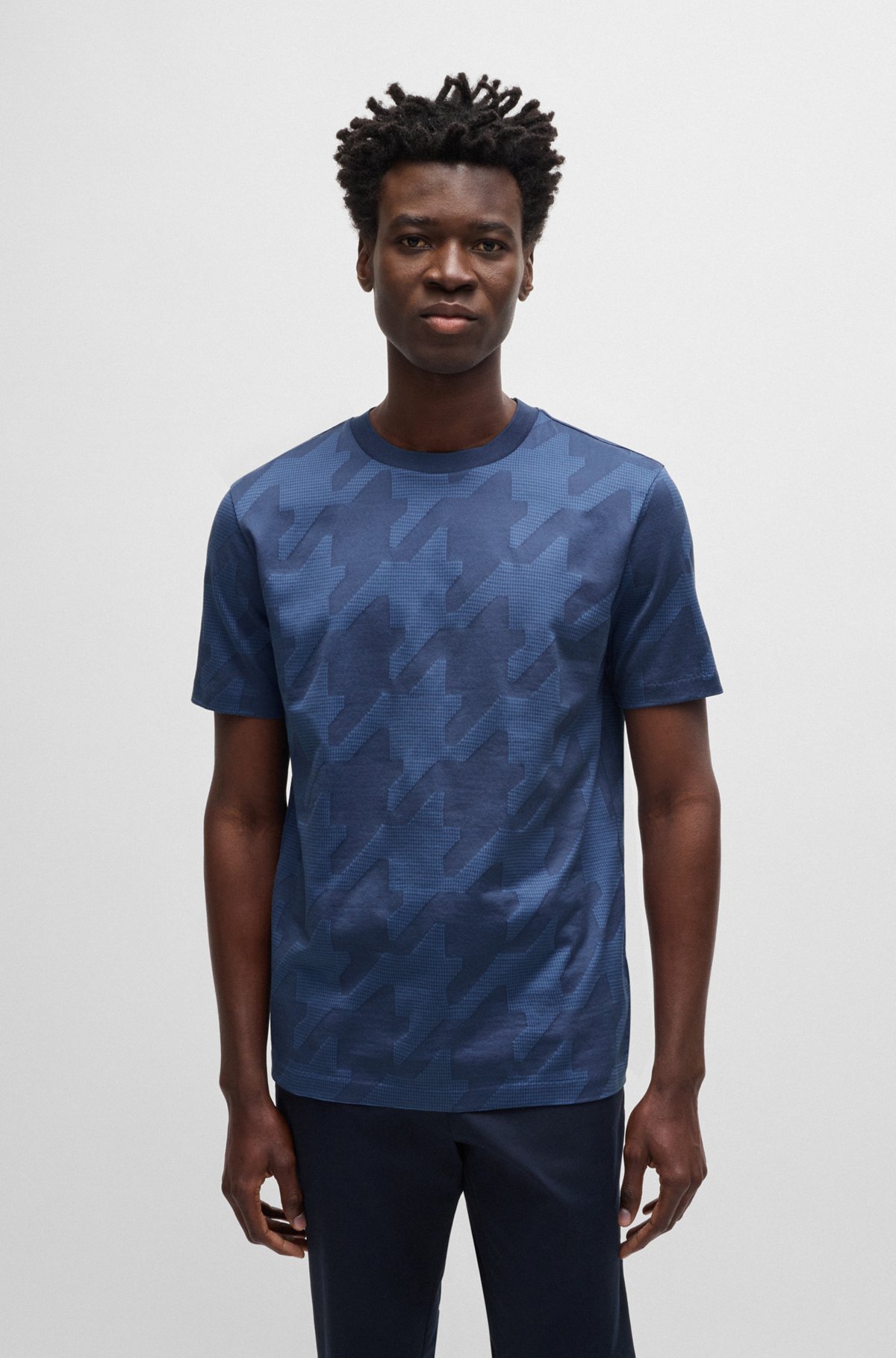 BOSS - Mercerized-cotton T-shirt with houndstooth jacquard BOSS - Mercerized-cotton T-shirt with houndstooth jacquard