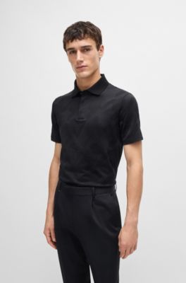 Polo slim fit de algod&oacute;n mercerizado con motivo de pata de gallo en jacquard, Negro