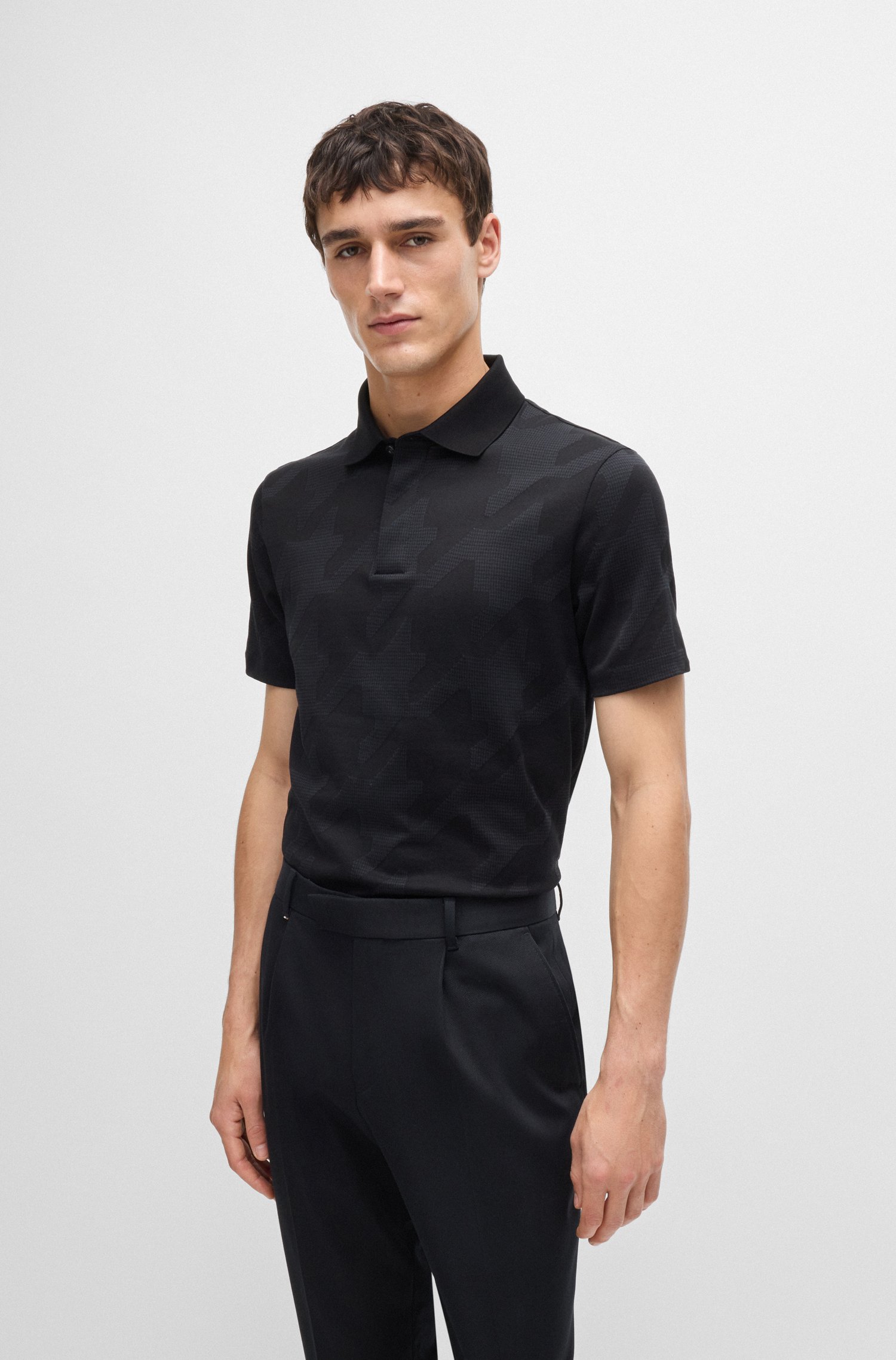 Mercerized-cotton slim-fit polo shirt with houndstooth jacquard