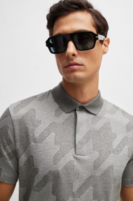 Mercerized-cotton slim-fit polo shirt with houndstooth jacquard, Silver