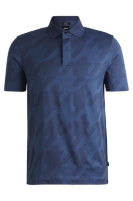 Mercerized-cotton slim-fit polo shirt with houndstooth jacquard, Dark Blue