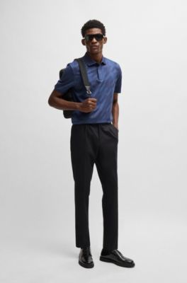 Mercerized-cotton slim-fit polo shirt with houndstooth jacquard, Dark Blue