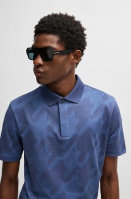 Mercerized-cotton slim-fit polo shirt with houndstooth jacquard, Dark Blue