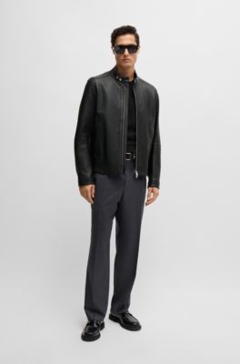 Regular-fit jacket in grained leather, Black