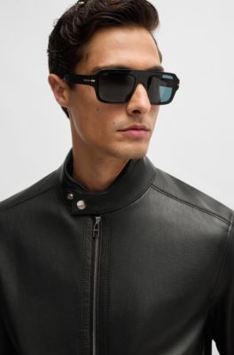 Regular-fit jacket in grained leather, Black