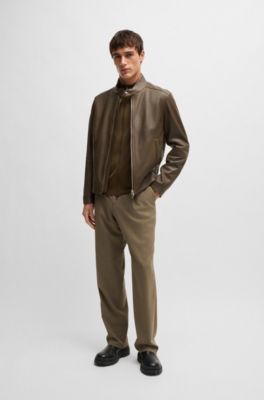 Regular-fit jacket in grained leather, Light Green