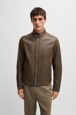 BOSS - Regular-fit jacket in grained leather - Light Green