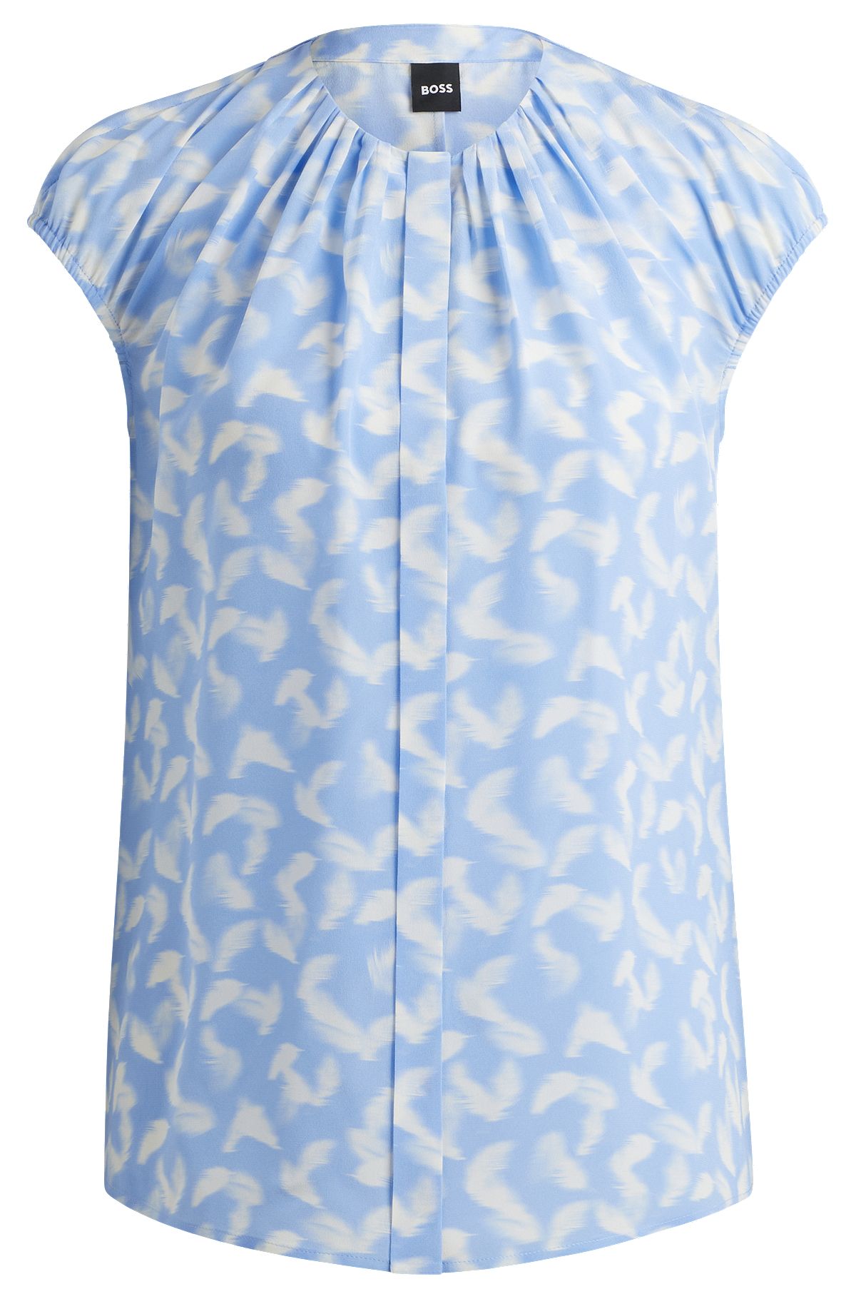 Collarless cap-sleeve blouse in printed silk, Patterned
