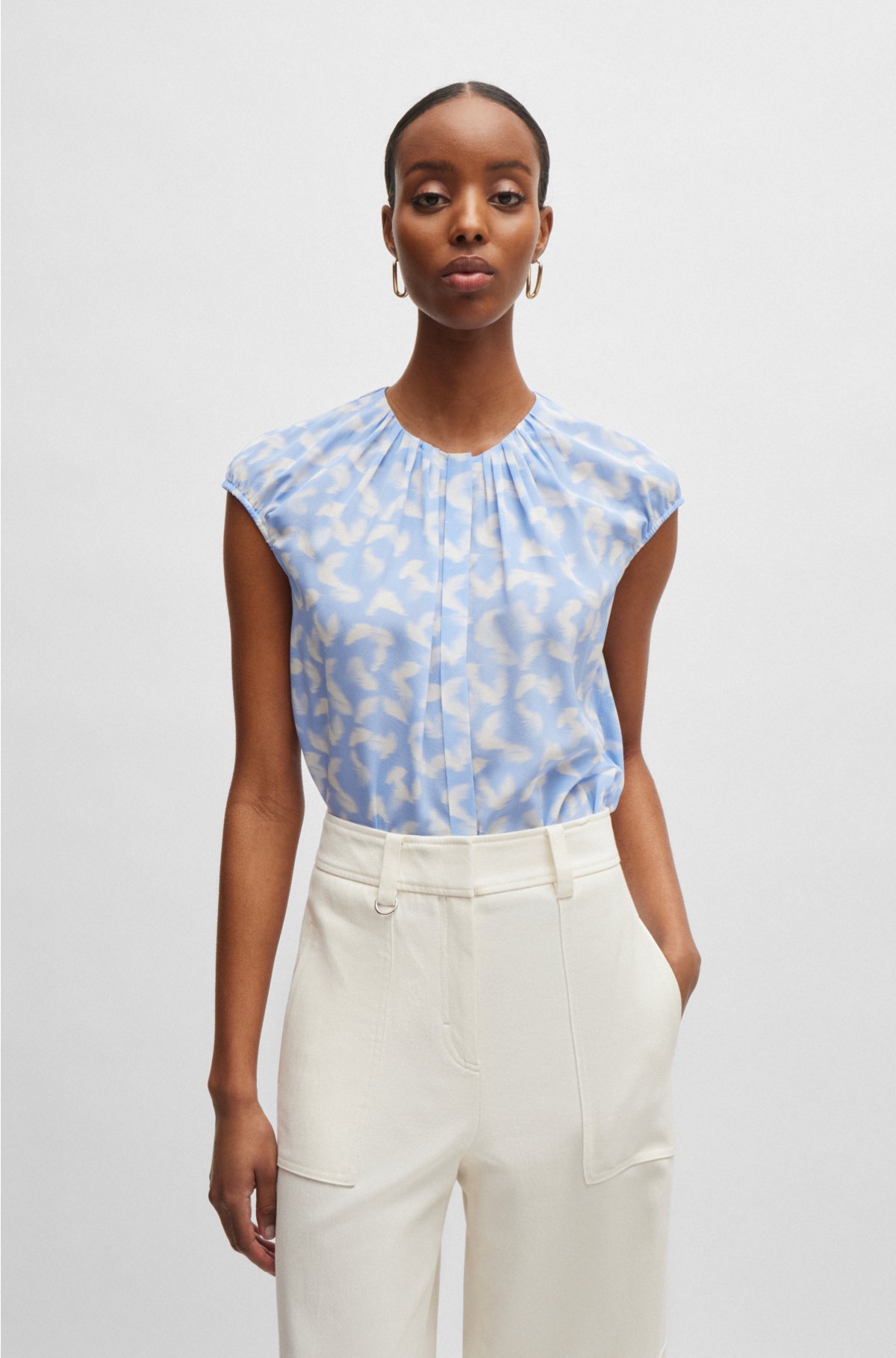 BOSS - Collarless cap-sleeve blouse in printed silk