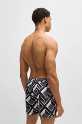 Micro-print swim shorts in quick-dry fabric, Dark Grey