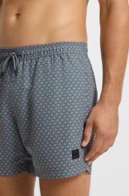 Micro-print swim trunks with logo patch, Dark Grey