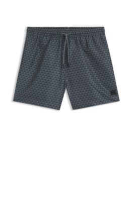 Micro-print swim trunks with logo patch, Light Grey