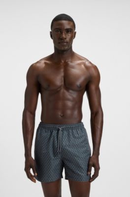 Micro-print swim trunks with logo patch, Light Grey