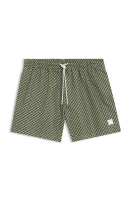 Printed swim shorts with logo badge, Khaki