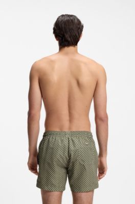 Printed swim shorts with logo badge, Khaki