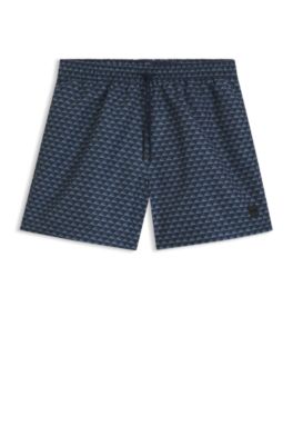 Micro-print swim trunks with logo patch, Dark Blue