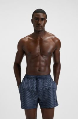 Micro-print swim trunks with logo patch, Dark Blue