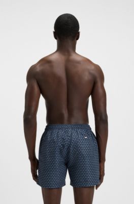 Micro-print swim trunks with logo patch, Dark Blue