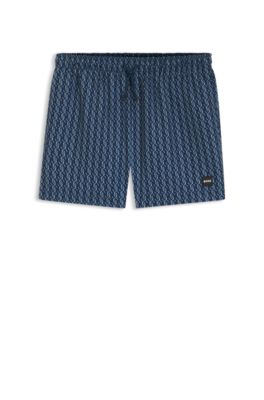 Micro-print swim trunks with logo patch, Dark Blue