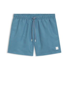 Micro-print swim trunks with logo patch, Light Blue