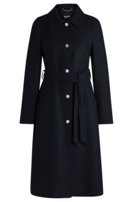 Hugo Boss Belted Formal Coat In Twill With Metallic Buttons In Dark Blue