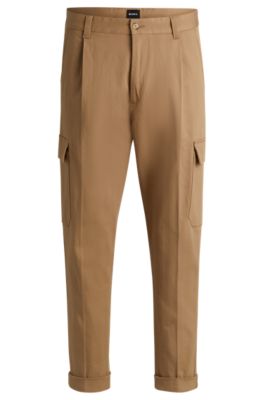 Hugo Boss Tapered-fit Cargo Trousers In Herringbone Stretch Cotton In Brown