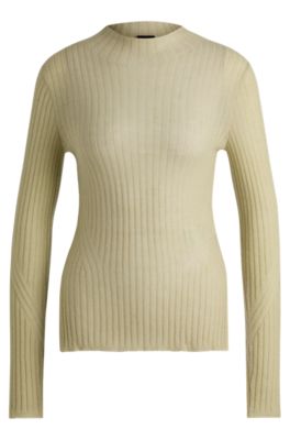 Hugo Boss Wool-blend Slim-fit Sweater With Side Slits In Khaki