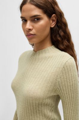 Wool-blend slim-fit sweater with side slits, Light Green