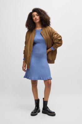 Long-sleeved knitted dress with ribbed structure, Blue