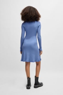 Long-sleeved knitted dress with ribbed structure, Blue