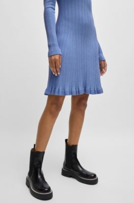 Long-sleeved knitted dress with ribbed structure, Blue
