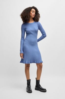 Long-sleeved knitted dress with ribbed structure, Blue