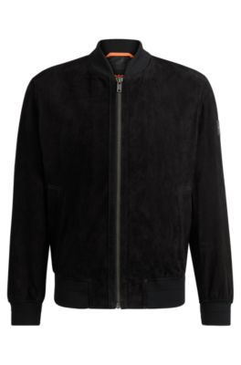 Shop Hugo Boss Suede Bomber Jacket With Ribbed Trims In Black