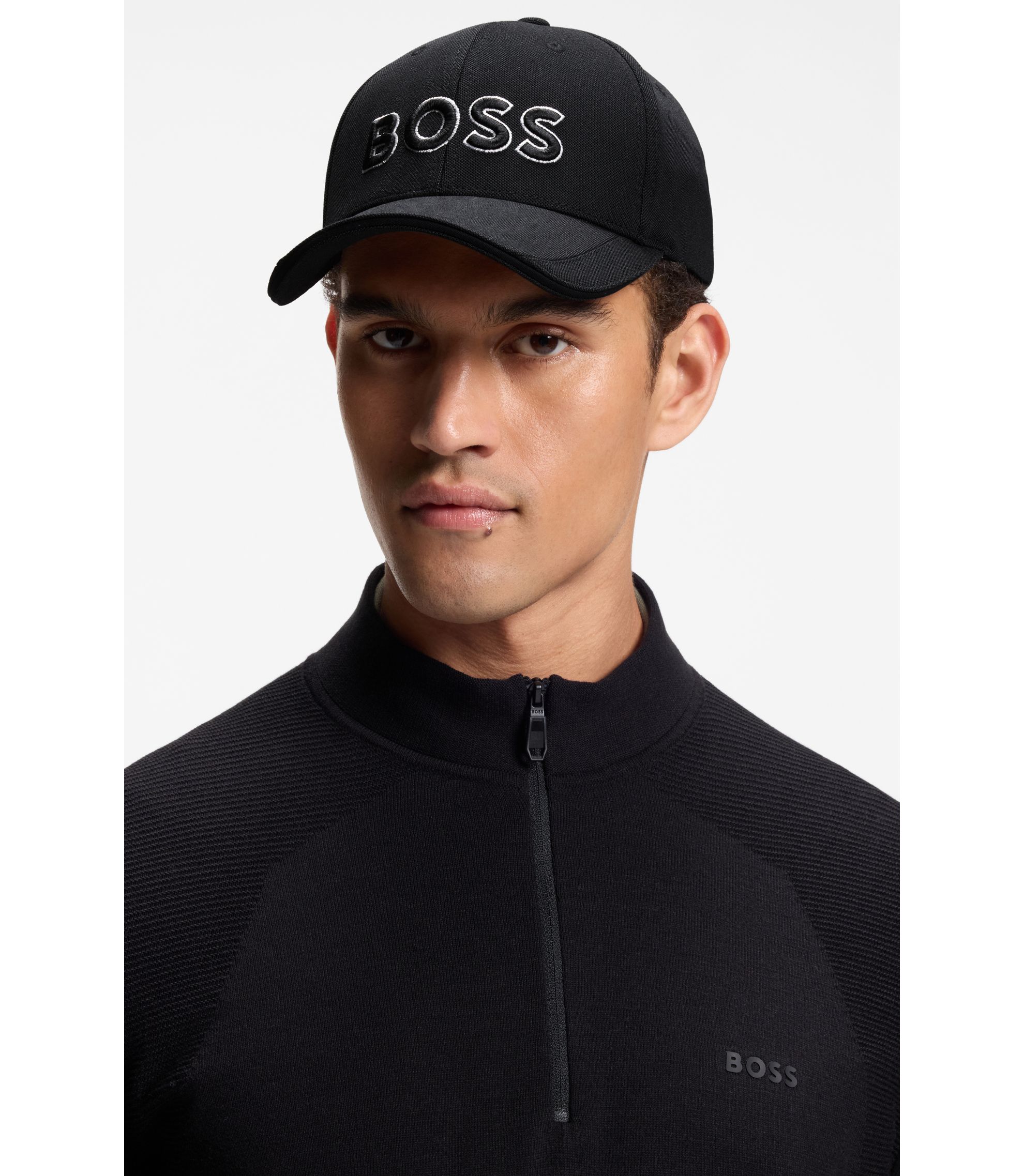 BOSS - Knitted-piqué six-panel cap with embroidered logo - Black