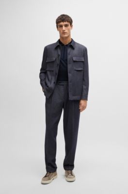 Polo Regular en soie et coton avec patte zipp&eacute;e, Bleu fonc&eacute;