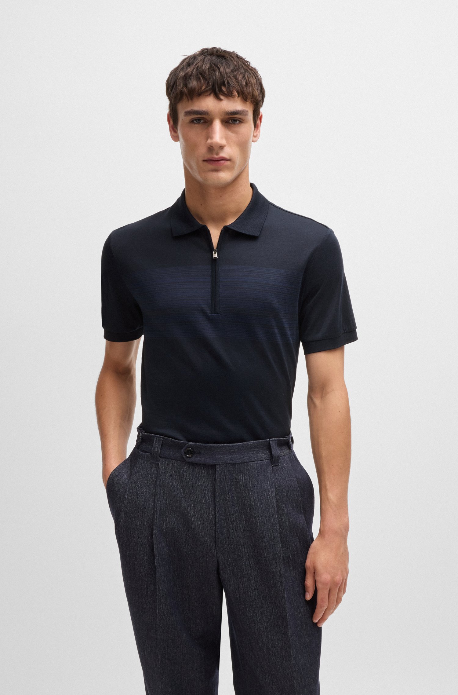 Silk-cotton polo shirt with zip placket regular fit