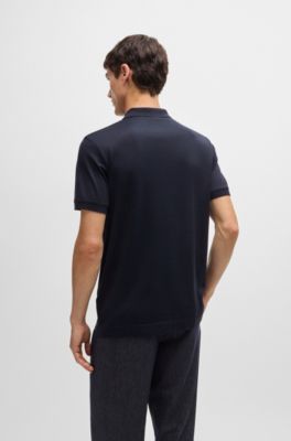 Polo Regular en soie et coton avec patte zipp&eacute;e, Bleu fonc&eacute;