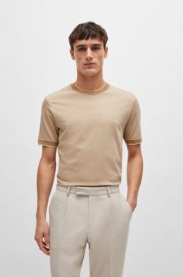 T-shirt Regular bicolore en coton et cachemire, Beige