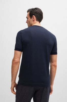 T-shirt Regular bicolore en coton et cachemire, Bleu fonc&eacute;