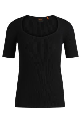 Hugo Boss Square-neck Short-sleeved Sweater In Ribbed Stretch Fabric In Black