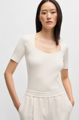 Jersey de manga corta y cuello rectangular en tejido el&aacute;stico de canal&eacute;, Blanco