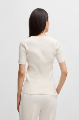Jersey de manga corta y cuello rectangular en tejido el&aacute;stico de canal&eacute;, Blanco