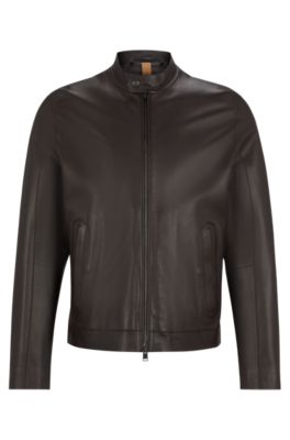 Shop Hugo Boss Regular-fit Jacket In Jersey-bonded Leather In Dark Brown