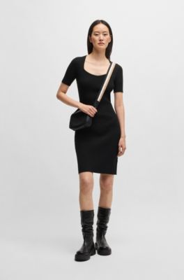 Slim-fit dress in ribbed stretch fabric, Black