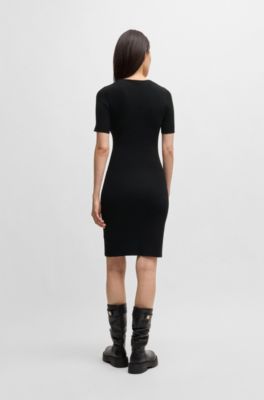 Slim-fit dress in ribbed stretch fabric, Black